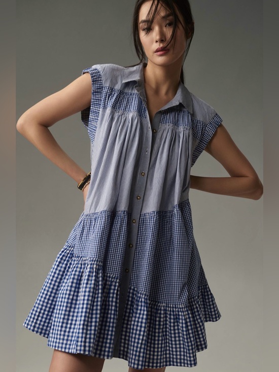 Anthropologie Dresses & Skirts - Anthropologie Blue and White Gingham Tiered Mini Dress